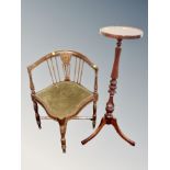 A reproduction mahogany torchere and Edwardian inlaid corner chair