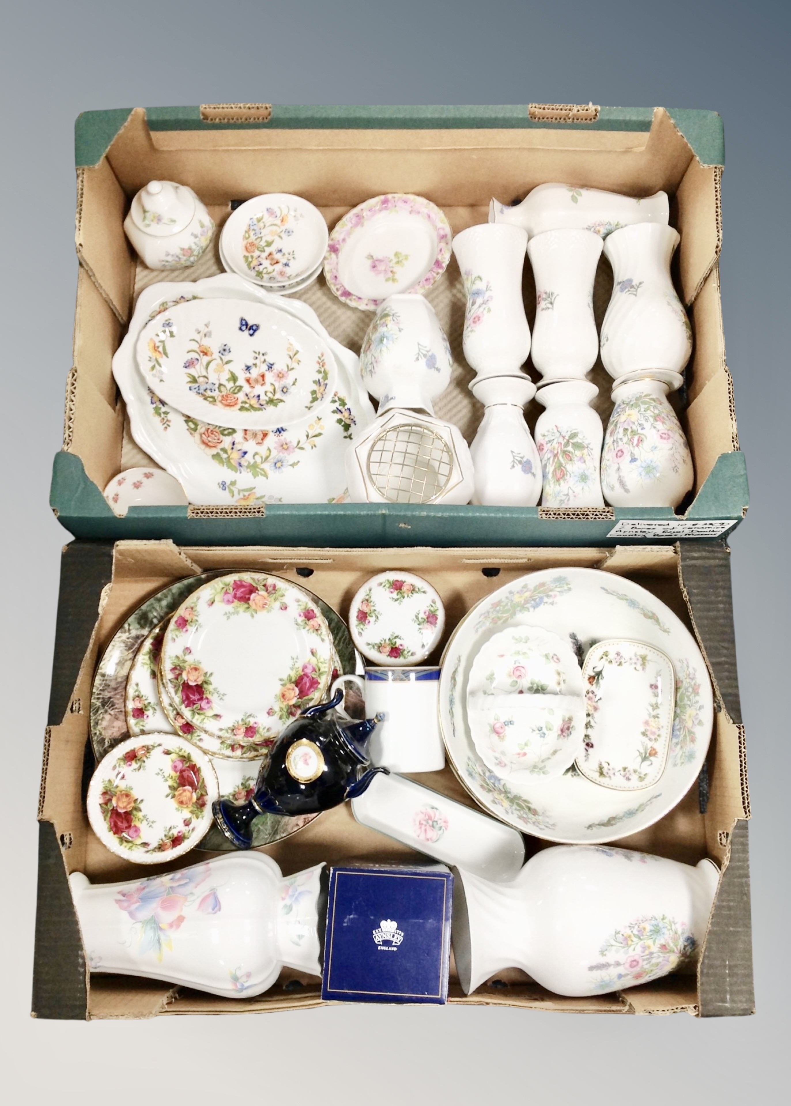 Two boxes of assorted ceramics including Royal Doulton old country roses dinner plates and side