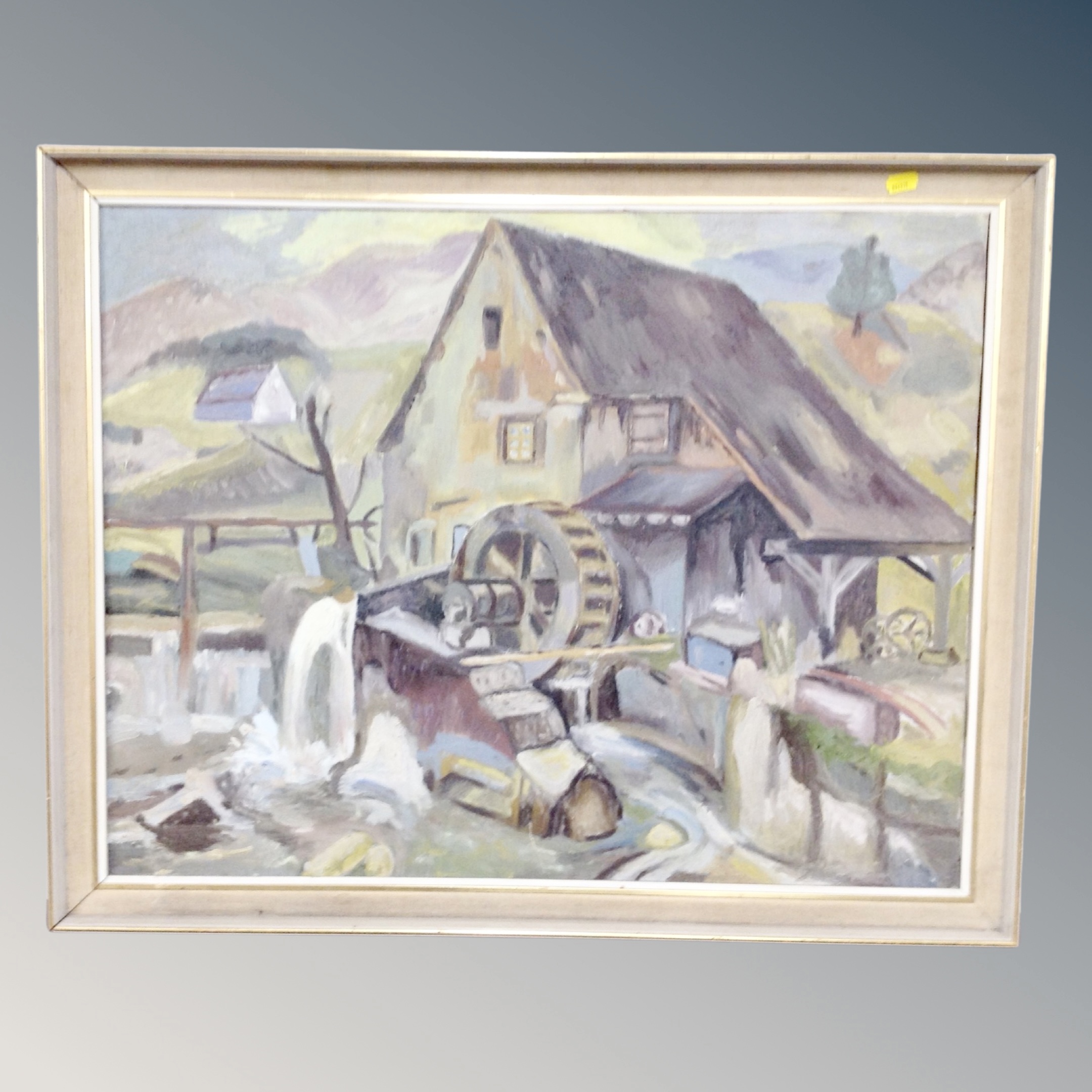 A continental oil on canvas of a Watermill, framed.