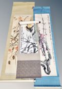 Four Japanese watercolour/printed scrolls