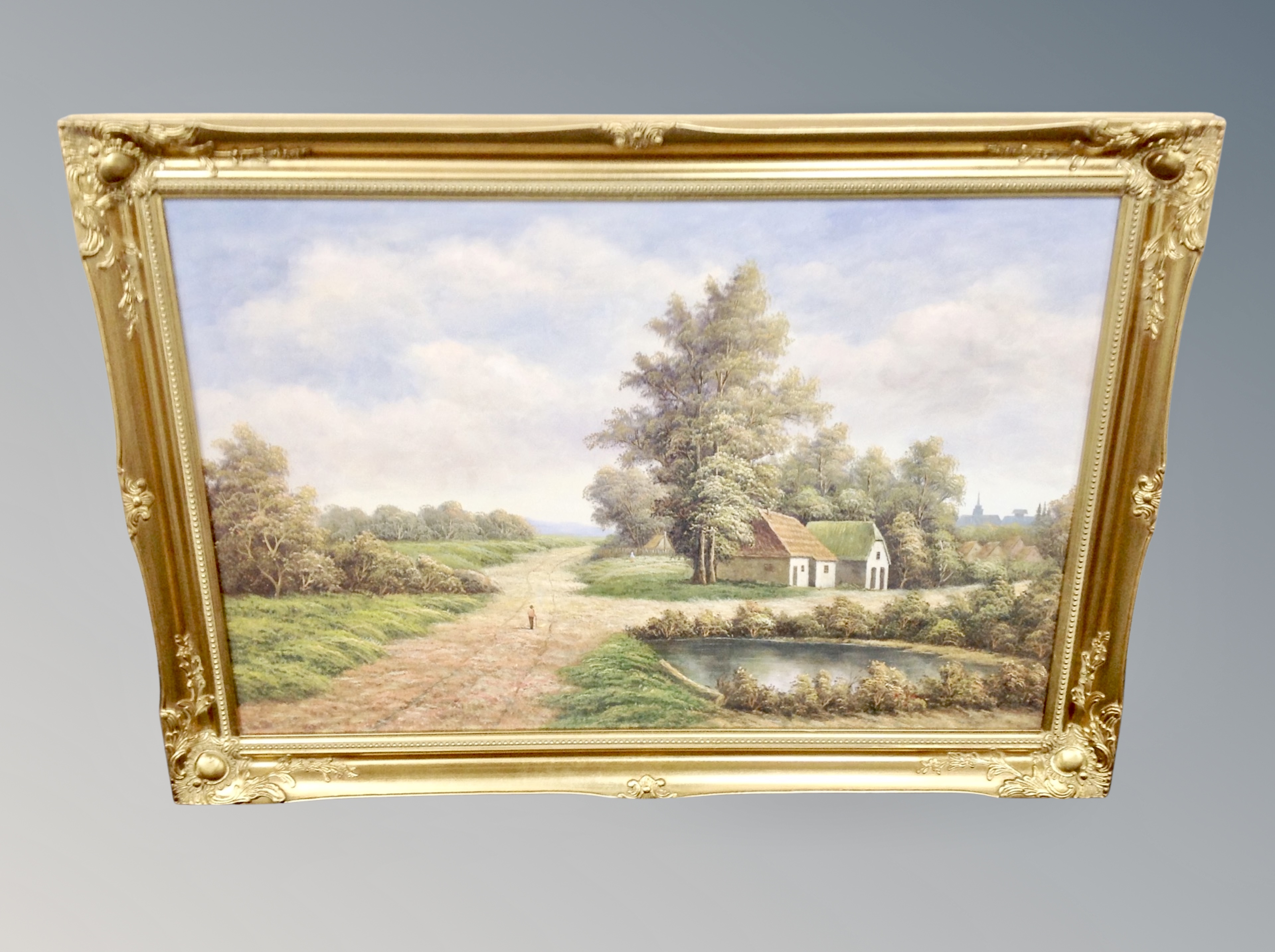 A contemporary oil on canvas rural landscape in period style gilt frame, 90 cm x 59 cm. - Image 2 of 2