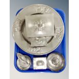 A tray of Art Nouveau pewter table cigarette box with matching matchbox holder,
