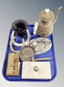 A tray of antique and later pieces to include cast iron pestle and mortar, brass anvil,