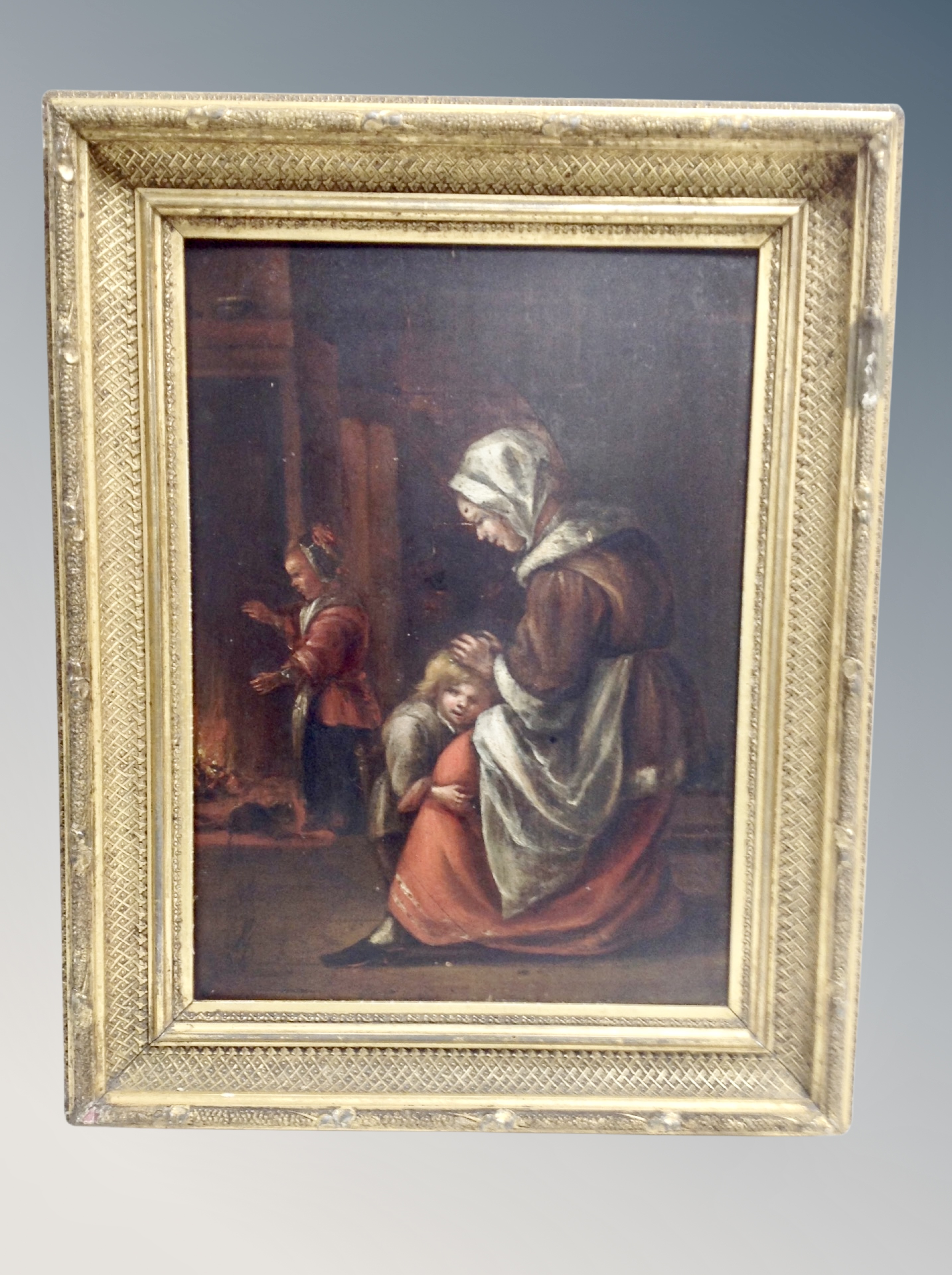 An antiquarian oil on board of a mother with children in dimly lit interior - Image 2 of 2