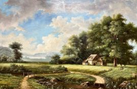 A contemporary oil on canvas rural landscape in period style gilt frame, 90 cm x 59 cm.