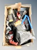 A box of assorted tools and hardware including pair of bolt cutters, spanner set, steel wool,
