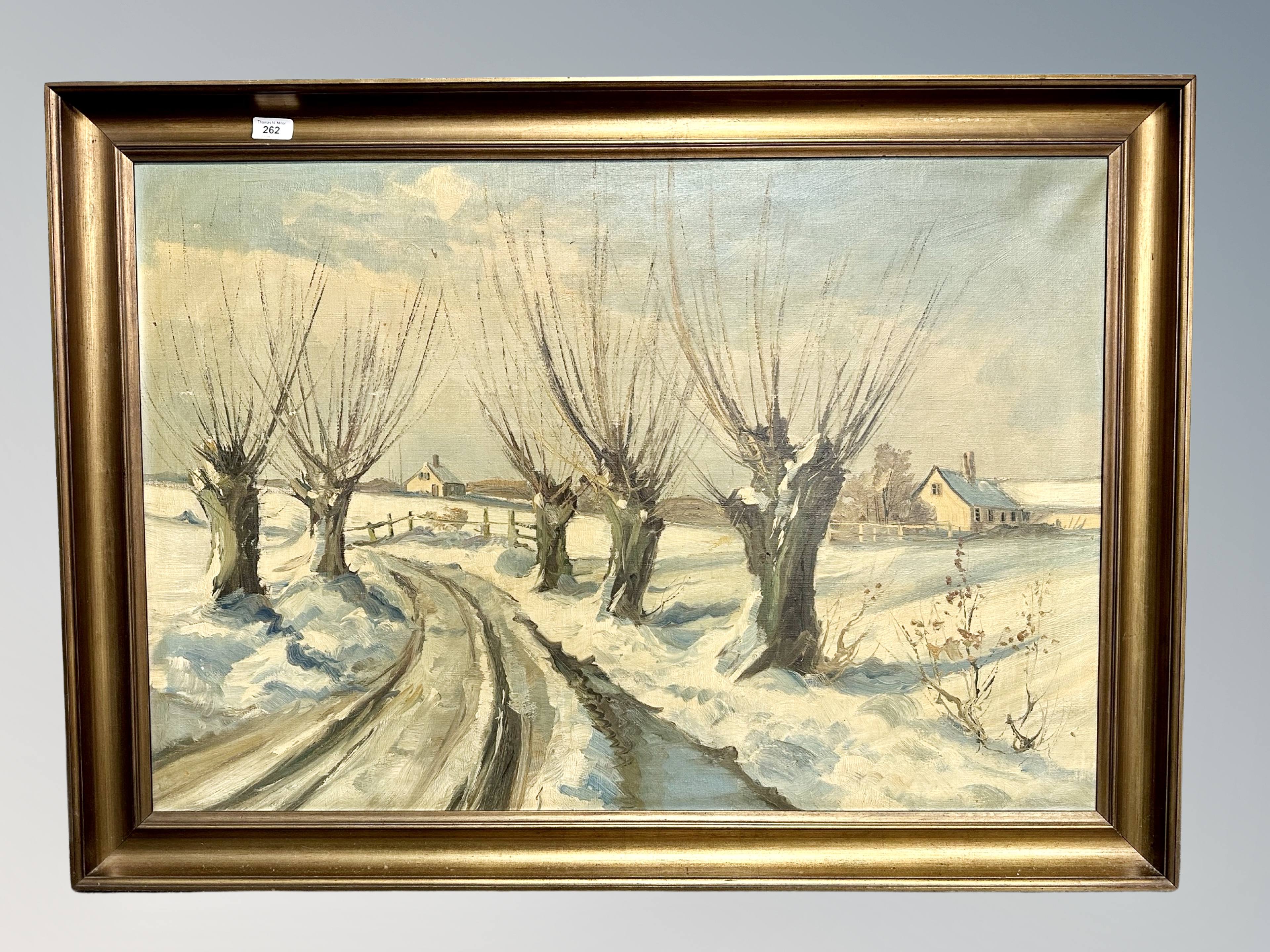 Continental School : Winter road leading to a village, oil on canvas, - Image 2 of 2