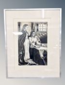 A Zbigniew Drecki ink and wash on paper of a chained man and lady in prison, signed, framed.