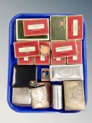 A tray of Rowenta table lighter, vintage cigarette tins, cigarette boxes,