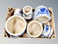 A box of Danish glazed blue and white pottery twin handled bowls.