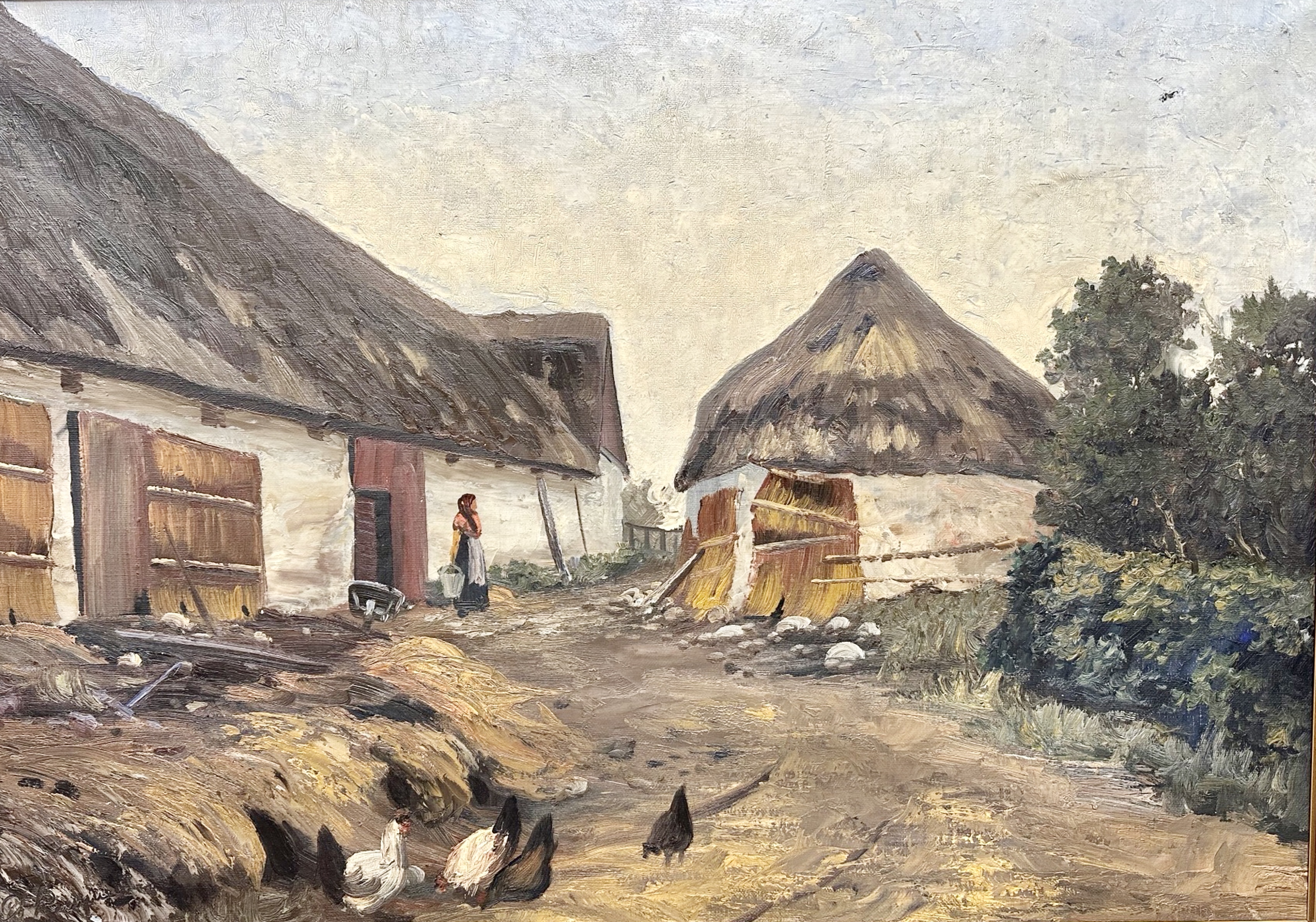 Continental School : A Farmyard with chickens, oil on canvas,