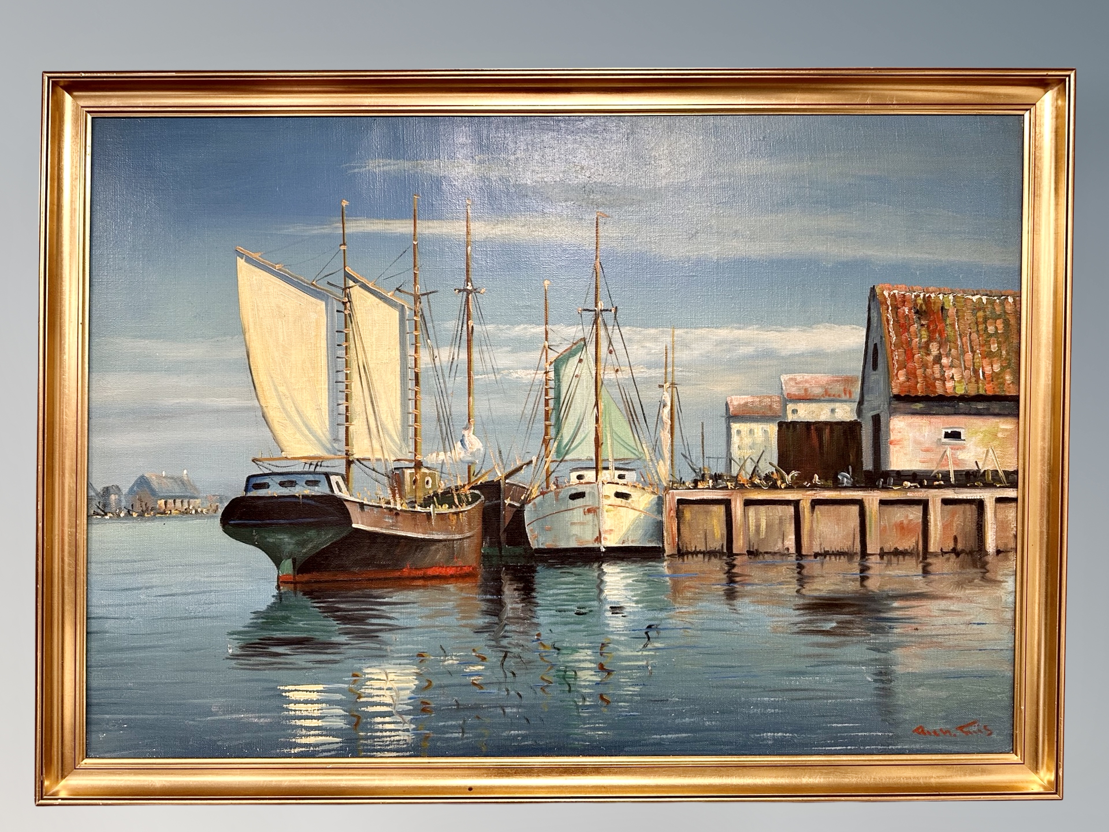 Continental School : Fishing boats in a harbour, oil on canvas, - Image 2 of 2