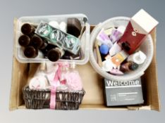 A box containing cosmetic gift set, shoe polish etc.