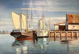Continental School : Fishing boats in a harbour, oil on canvas,