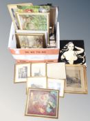 A box of early 20th century and later framed prints, etchings, continental school oil paintings,