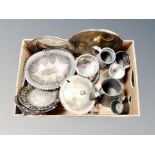 A box of metal wares including silver plated baskets, bottle coaster, pewter tankards etc.