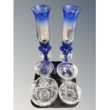 A pair of two-tone blue glass table lustres with crystal droplets,