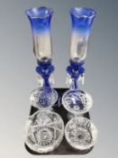 A pair of two-tone blue glass table lustres with crystal droplets,