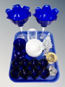 A tray of Scandinavian glass ware, JM glass bowls on stands,
