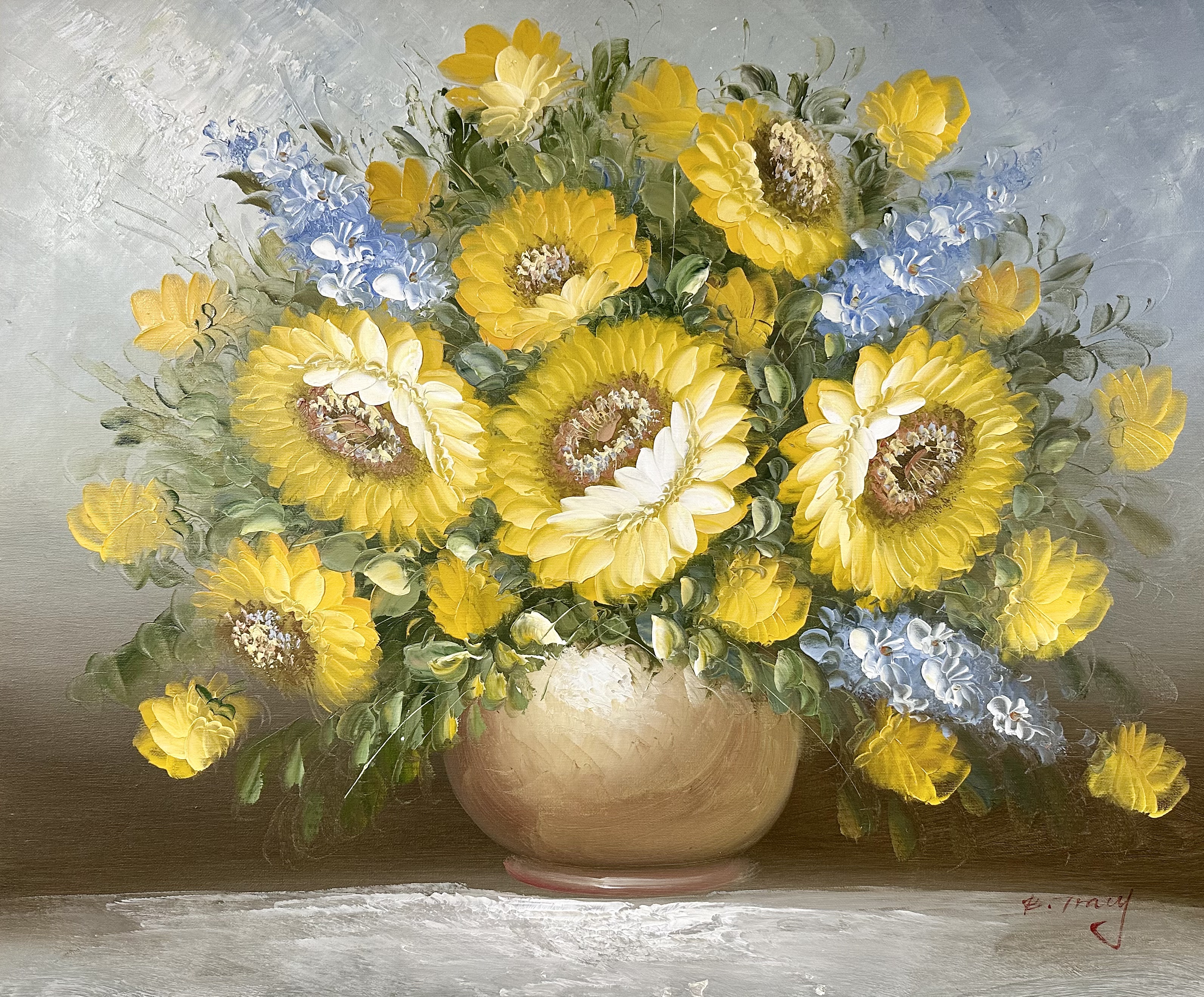 A contemporary oil on canvas still life of flowers in a vase, 60 cm x 50 cm.