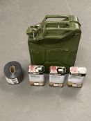 A 20 litre jerry can together with three 1 litre bottles of wood preserver and roll of a damp-proof