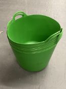 Six green plastic flexi buckets