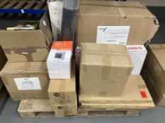 A pallet of stock items - Oscillating fan heater, face masks, recyclable cups ,