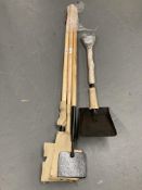 A metal shovel together with three wooden handled floor scrapers