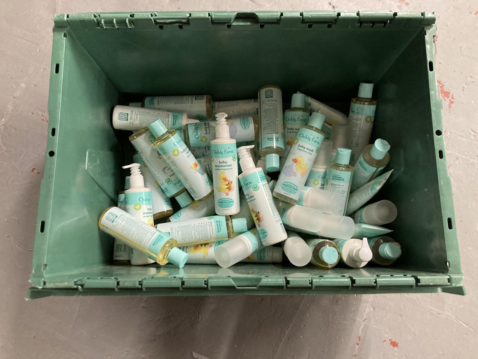 A crate of Child's Farm skin range items - Baby oil,