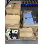 A pallet of stock items - plane bed sheets, four boxes of plastic, carrier bags, LED downlights,