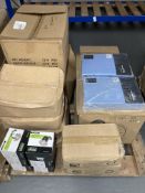 A pallet of stock items - plane bed sheets, four boxes of plastic, carrier bags, LED downlights,