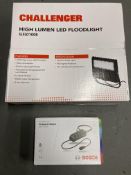 A Challenger high lumen LED floor light together with a Bosch E-bike systems compact charger