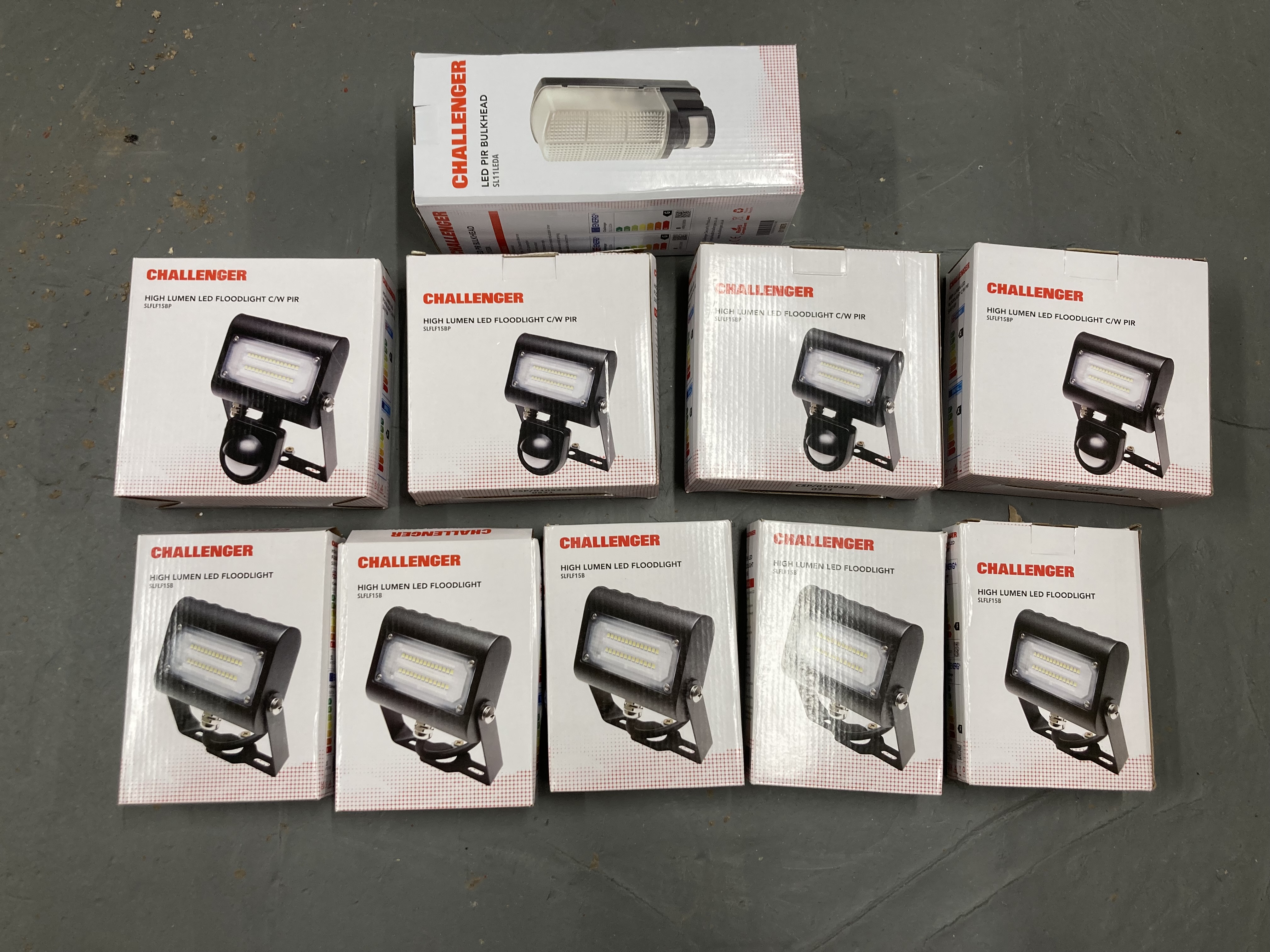 Ten Challenger LED lights including flood lights, PIR bulk head,