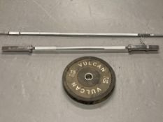Two Gym weight bars together with a Vulcan 15kg weight and four hand grips various