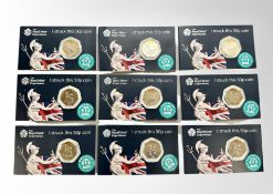 The Royal Mint Experience : Nine "I Struck This Coin" UK 50 p 2019 coins, all the same,