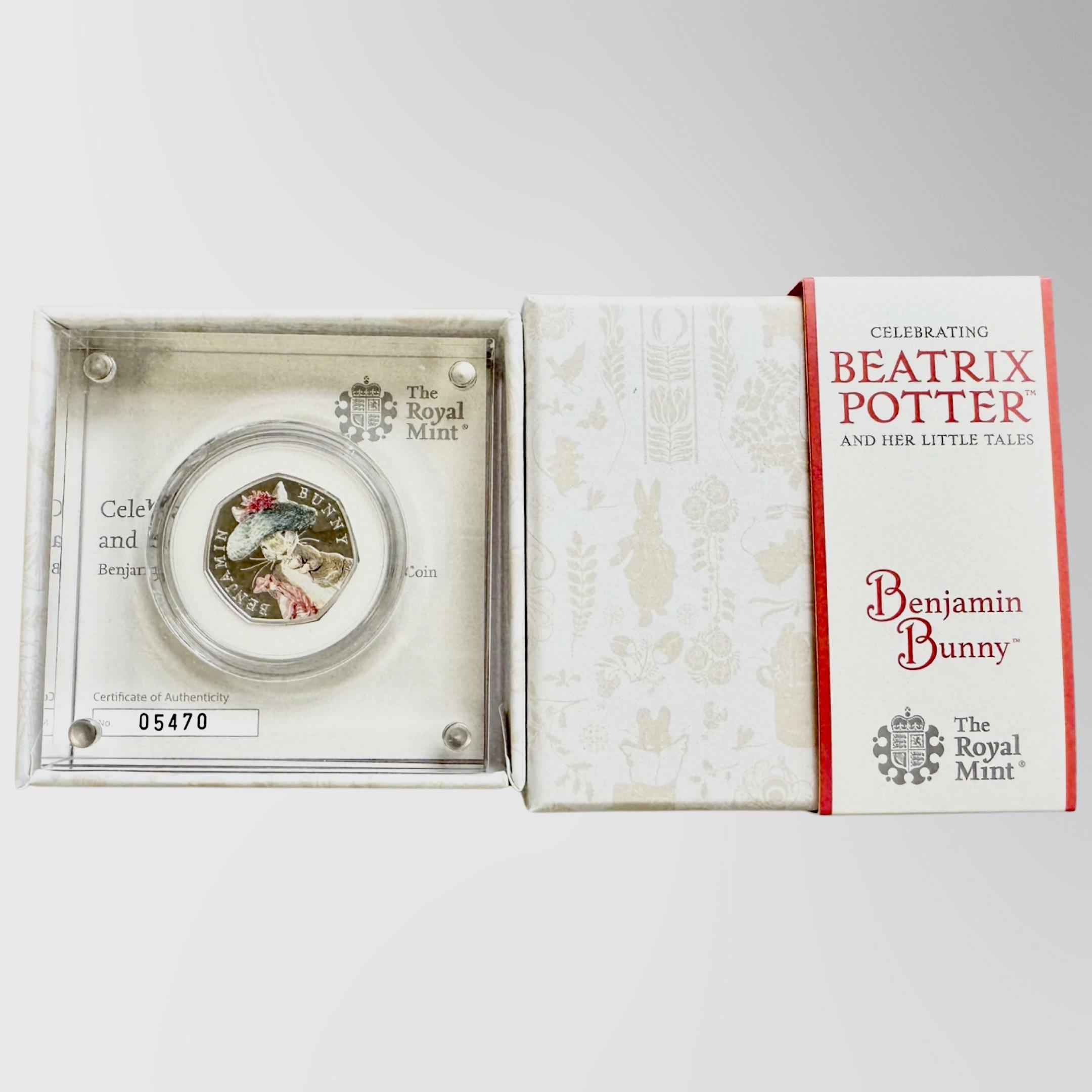 The Royal Mint : Beatrix Potter - Benjamin Bunny, 2017 UK 50p Silver Proof Coin, with papers, boxed.