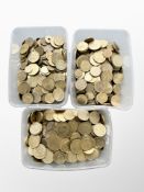 Approximately 8.5 Kg of brass & brass-coloured world coins, contained in three boxes.