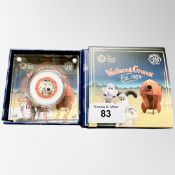 The Royal Mint : Wallace & Gromit, 2019 UK 50 Pence Silver Proof Coin, with papers, boxed.
