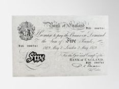 Bank of England White £5 Banknote, numbered N25 096741, bearing the signature of Percival Beale,