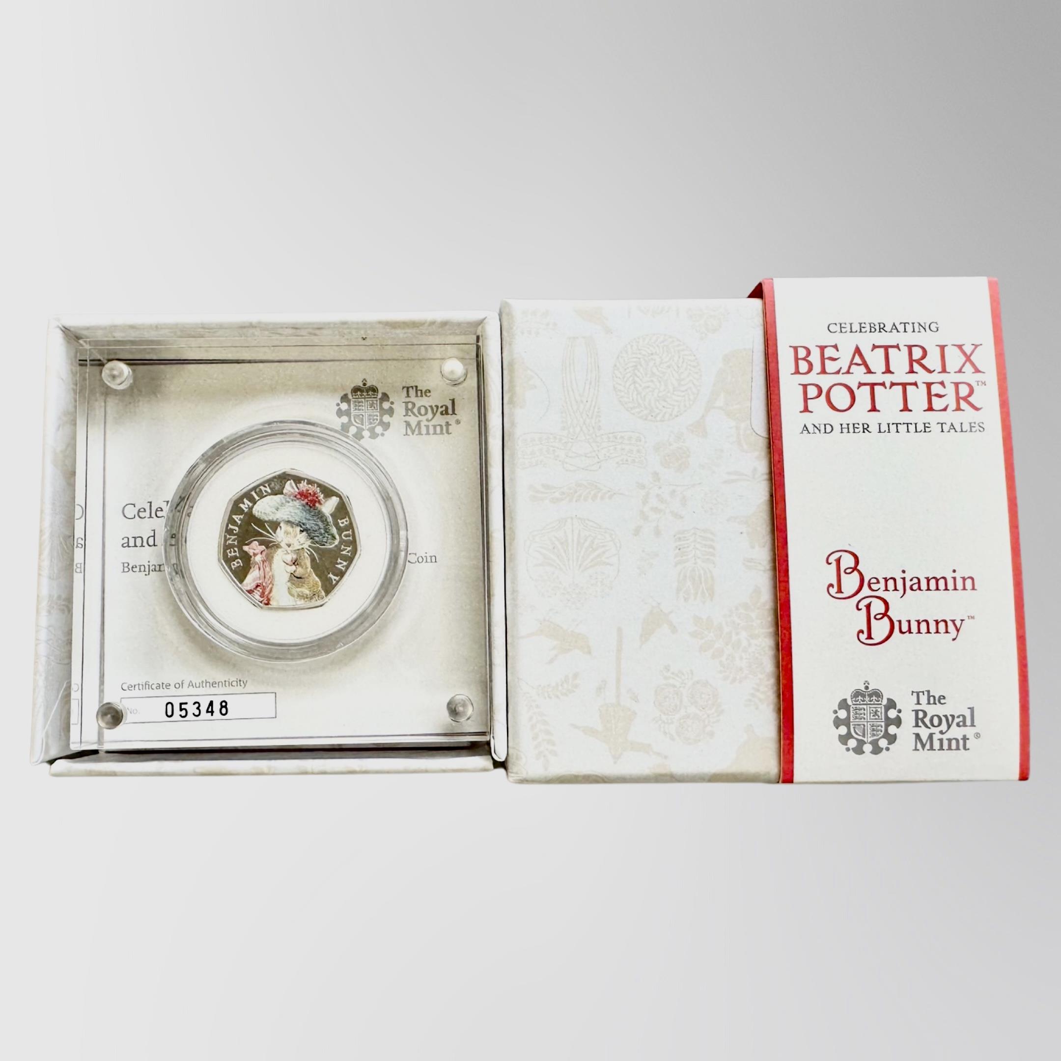 The Royal Mint : Beatrix Potter - Benjamin Bunny, 2017 UK 50p Silver Proof Coin, with papers, boxed.