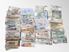 Approximately ninety five miscellaneous world banknotes : Cyprus, Hong Kong, Saudi Arabia, India,