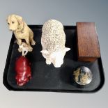 A tray of animal figures, Japanese lacquered trinket pot,