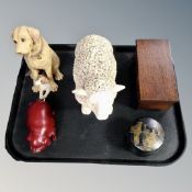 A tray of animal figures, Japanese lacquered trinket pot,