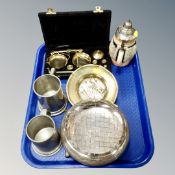 A tray of silver plated rose bowl, two pewter tankards, stein, boxed set of brass precision scales,