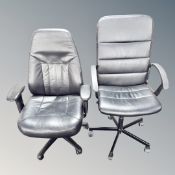 Two black leather swivel office armchairs