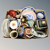 Two boxes of assorted ceramics : Aynsley, Portmerion, pressed glass comports,