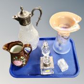 A pressed glass and plated mount claret jug, perfume bottle, lustre jug,