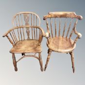 A beech spindle backed armchair together with a further Windsor style chair with crinolene under