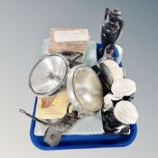 A tray of two vintage head lamps, boxed cutlery,