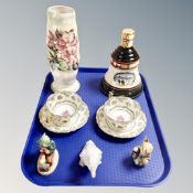 A tray of ceramics, Goebel figures, Nao duck ornament, Maling Dahlia vase,